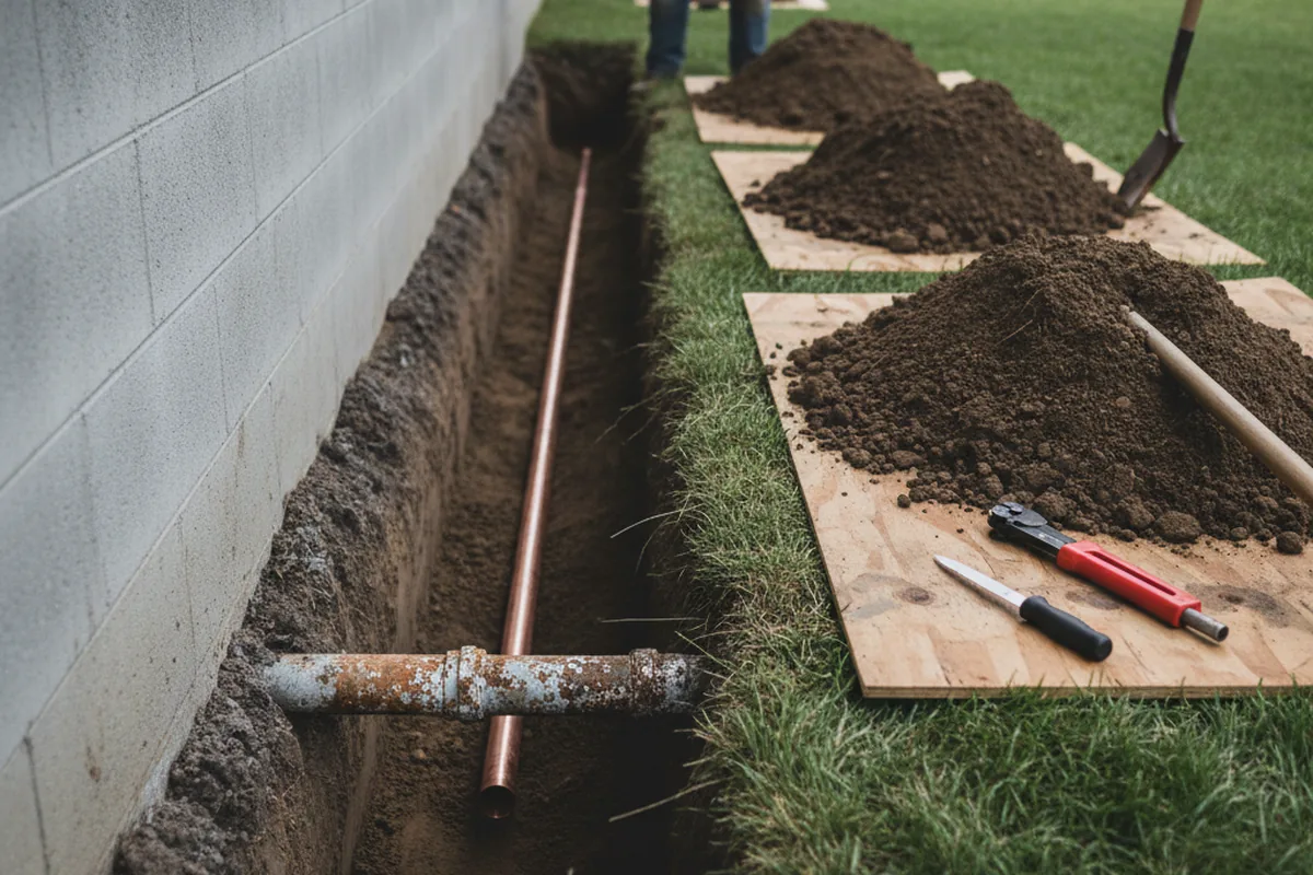 Excavated water line trench during Sewer Line Repair in South Dartmouth